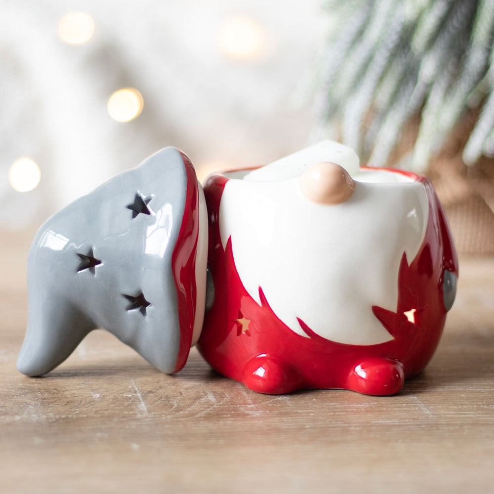 Red & Grey Gonk Oil Burner. A beautiful Christmas Gonk/ Gnome to help bring festive fragrance to your home, compatible with both fragrance oils and wax melts. 