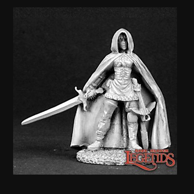 03129 Ashlyn Female Ranger from the Dark Heaven Legends metal range by Reaper Miniatures sculpted by Bobby Jackson. A metal miniature representing a female half elf range wearing a hooded cape, holding a sword and having a crossbow on her hip