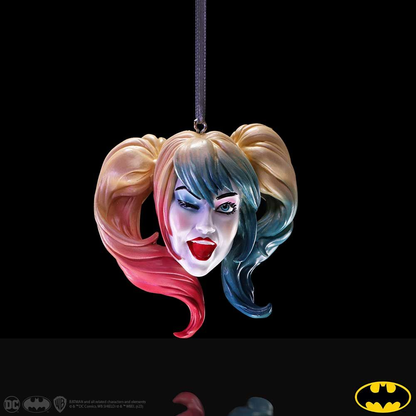 Harley Quinn Hanging Ornament from Nemesis Now. Harley Quinns face with classic blonde hair with red and blue bottom dip 