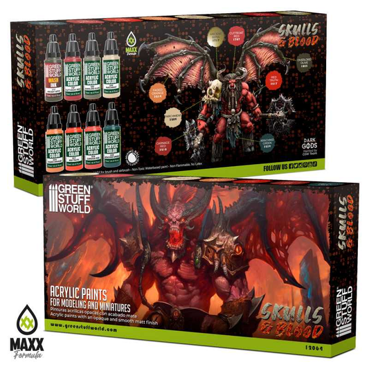 Skulls & Blood Paint Set by Green Stuff World. A set of 8 acrylic paints with an opaque and smooth matt finish. Made using the new Green Stuff World Maxx Formula and are provided in dropper bottles for easier flow control. 