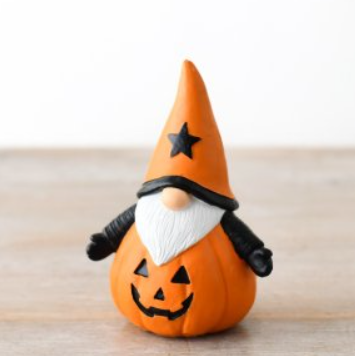 A pumpkin gonk ornament for your Autumn decoration or all year round, a white bearded gonk dressed as a pumpkin for your Autumn, Halloween or all year round decoration