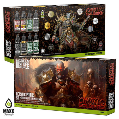 Chaotic Soldiers Paint Set by Green Stuff World. A set of 8 acrylic paints with an opaque and smooth matt finish. Made using the new Green Stuff World Maxx Formula and are provided in dropper bottles for easier flow control. 