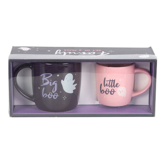 Big Boo Little Boo mug set. A super cute set of two mugs, one a smaller pink mug with the words Little Boo in purple and the other a larger mug with the words Big Boo in light purple making a charming and fun spooky edition to your family mug collection.&nbsp;