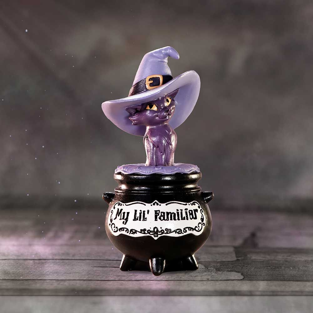 My Lil Familiar Shadow cat figurine.  An adorable ornament of a purple cat wearing an oversized witches hat sat on top of a black cauldron with the phrase My Lil' Familiar to symbolise you conjuring this cute kitty from the cauldron to be your familiar.