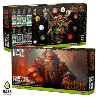 Hammer Legion Paint Set by Green Stuff World. A set of 8 acrylic paints with an opaque and smooth matt finish. Made using the new Green Stuff World Maxx Formula and are provided in dropper bottles for easier flow control. 