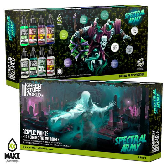 Spectral Army Paint Set by Green Stuff World. A set of 8 acrylic paints with an opaque and smooth matt finish great for your undead army. Made using the new Green Stuff World Maxx Formula and are provided in dropper bottles for easier flow control. 