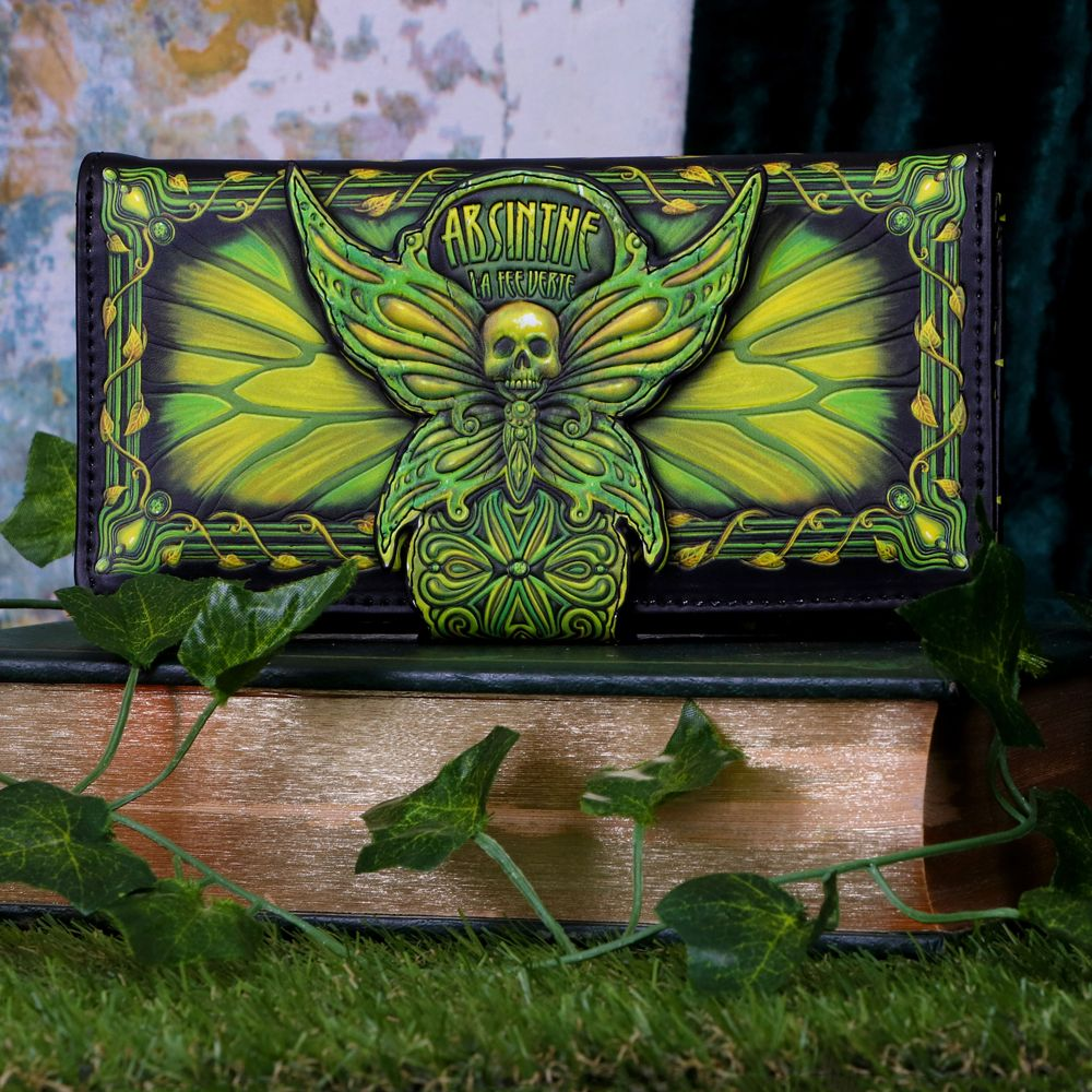 Absinthe La Fee Verte Embossed Purse from Nemesis Now. The elegant embossed green fairy design features a Deaths Head Moth and the practical purse features multiple slots for cards and coins.