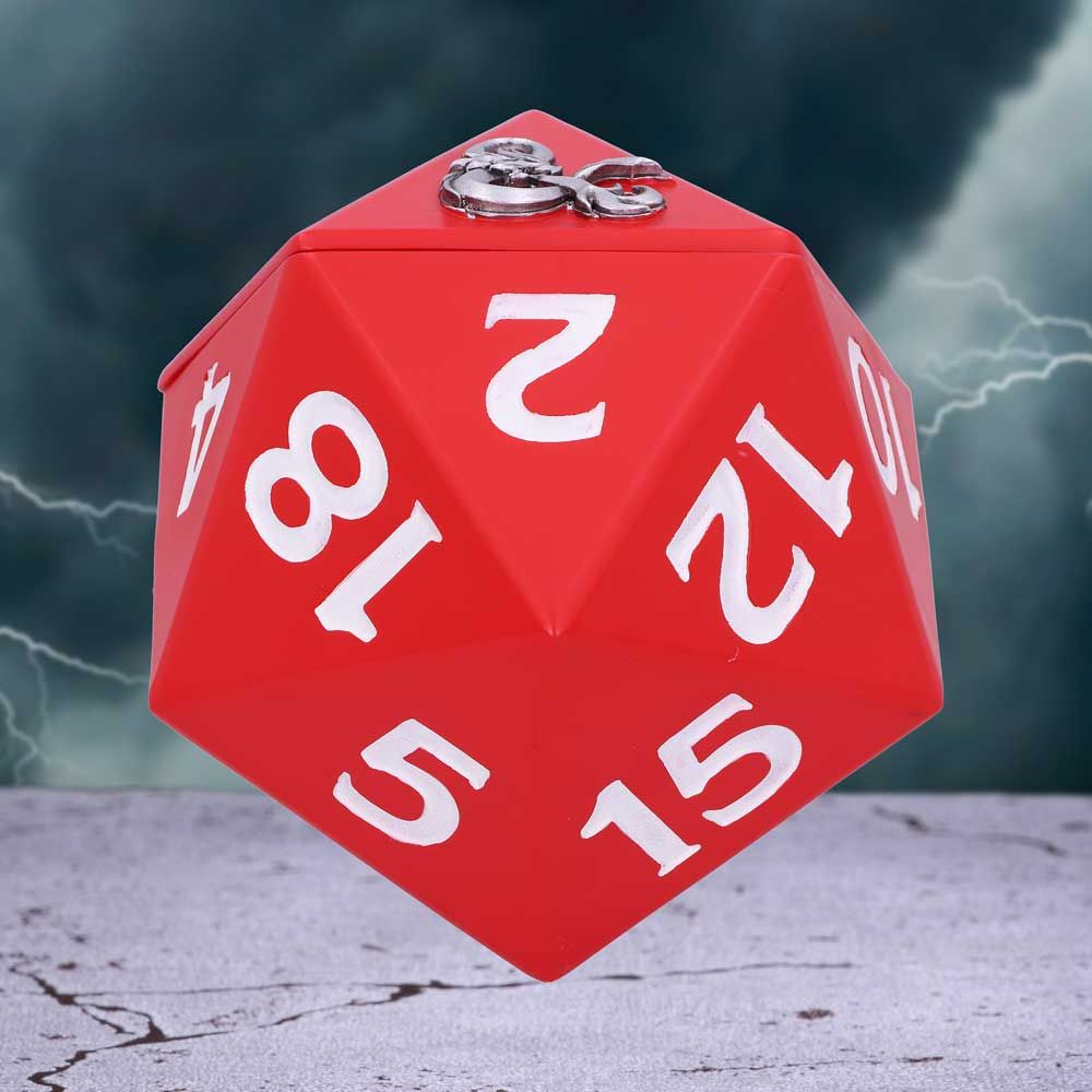 Dungeons & Dragons D20 Dice Box by Nemesis Now. This officially licensed Dungeons and Dragons box is shaped like a red D20 with white numbers