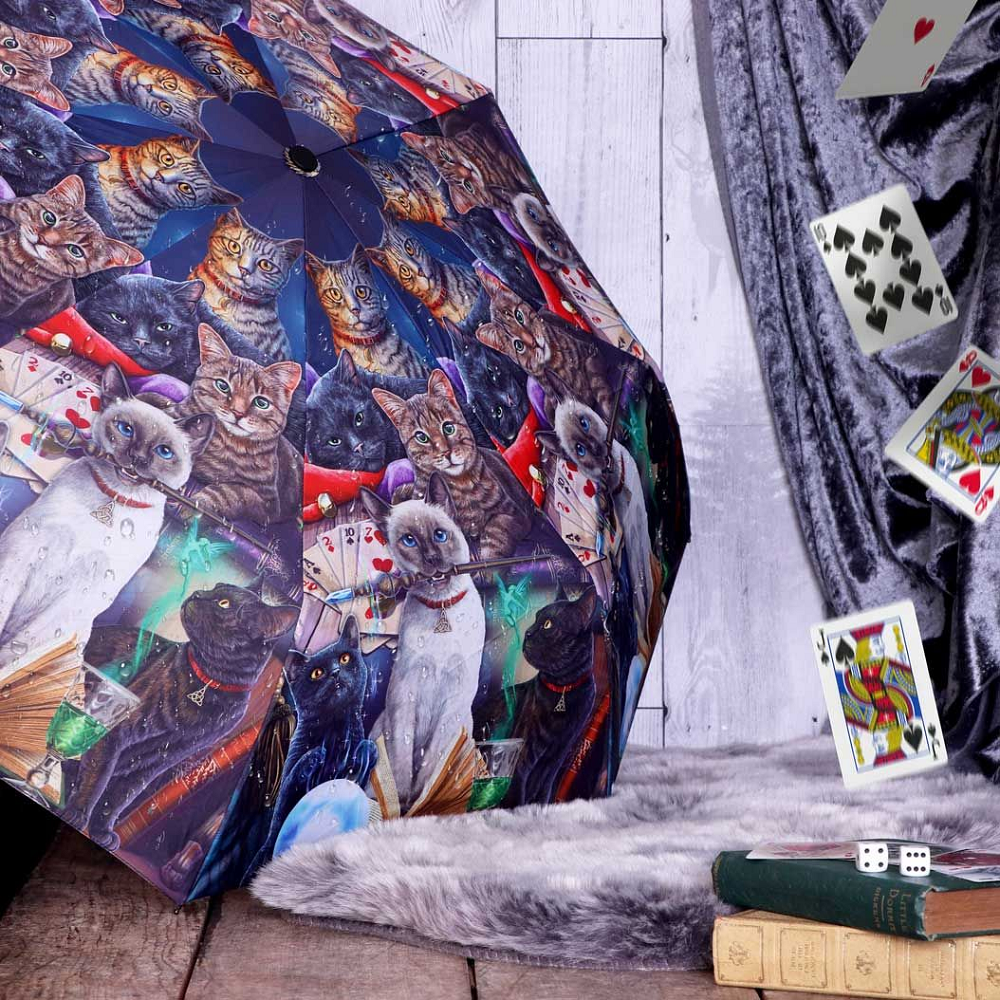 Magical Cats Umbrella from the magical mind of Lisa Parker helping you to keep dry and be stylish with its repeating picture of felines sat amongst old spell books, cards and potions waiting to cast some magic making a wonderful edition to your rainwear or as a gift for a cat loving friend.  