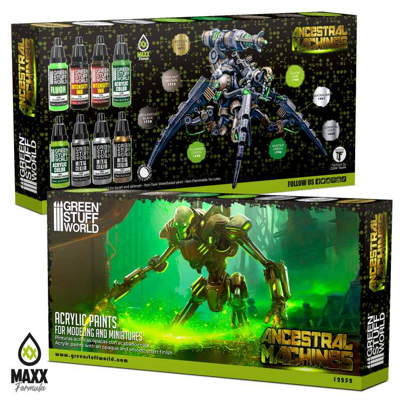 Ancestral Machines Paint Set by Green Stuff World. A set of 8 acrylic paints with an opaque and smooth matt finish. Made using the new Green Stuff World Maxx Formula and are provided in dropper bottles for easier flow control. 