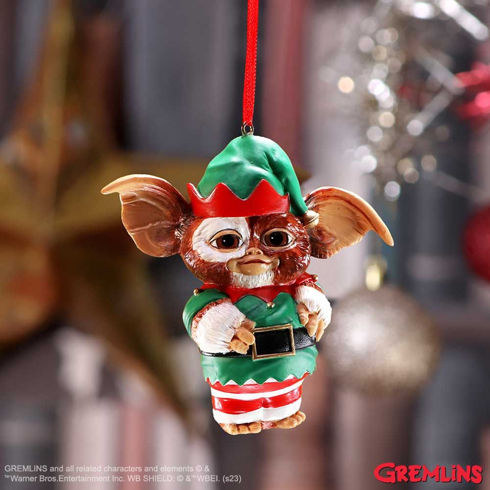 Gremlins Gizmo Elf Hanging Ornament - Nemesis Now Gremlins Christmas ornament. Gizmo dressed as an elf in a green hat and top with red and white stripe legs. 