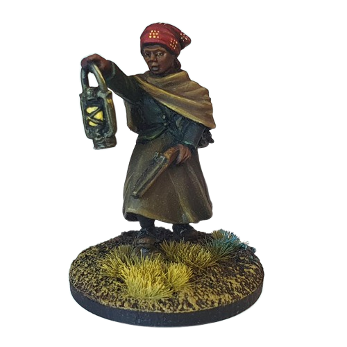 Harriet Tubman, a metal miniature by Bad Squiddo Games sculpted by Alan Marsh. A miniature for your tabletop gaming and hobby needs to representing Harriet Tubman, born Araminta Ross a slave in 1822 who joined the Underground Railroad, a network of people working to smuggle out slaves and free them, and later became a spy and led 750 slaves to freedom in one go