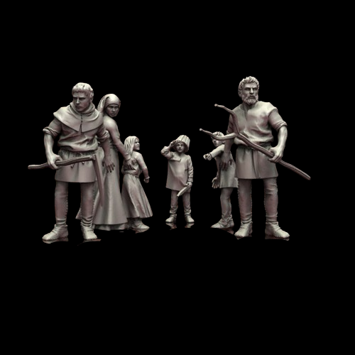 Concerned Family by Iron Gate Scenery.&nbsp; A pack of six 28mm scale printed resin miniatures consisting of two males with weapons made from farming equipment, one female wearing a headscarf&nbsp; and long dress and three children one with a bucket on his head, one pointing and the other holding a toy doll making a great set of towns folk miniatures for your table top gaming and RPG needs, wonderful NPCs to add life to your table top adventure