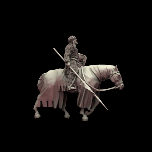 Exhausted Knight by Iron Gate Scenery.&nbsp; A 28mm scale printed resin miniature consisting of one exhausted knight, one horse, one lance and one kite shield representing a knight returning from battle looking tired riding his horse, full of character for your&nbsp;wargames, tabletop games, RPGs and more