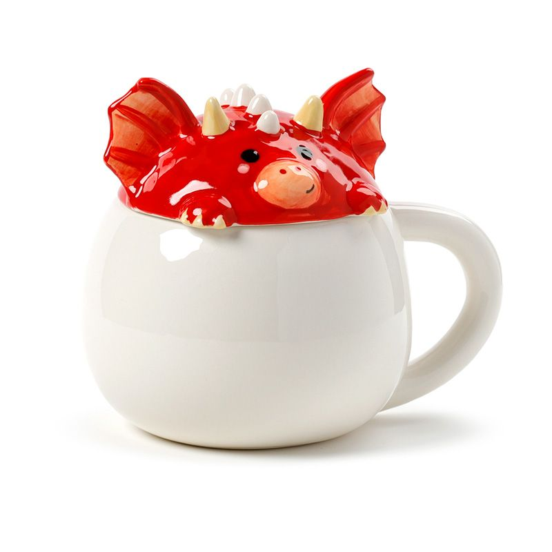 Red Dragon Peeping Lidded Mug, a super cute little red dragon face makes the lid for this round white mug