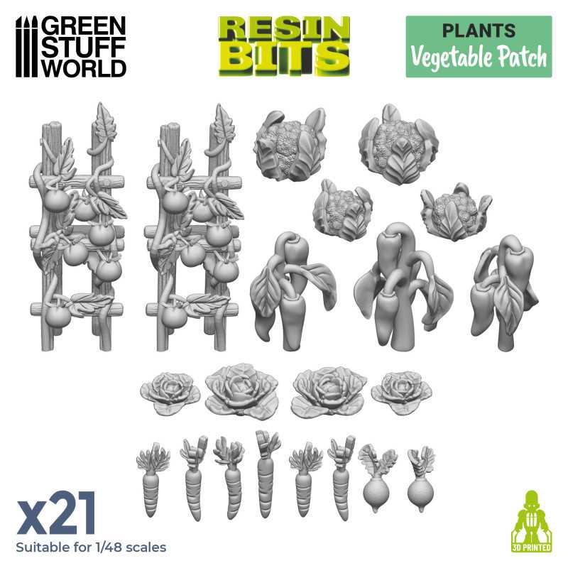 Vegetable Patch from the Resin Bits by Green Stuff World. A pack of 21 3D printed ABS-like resin veggies including carrots and cauliflowers for you to use on your miniatures bases, magical woodland scene dioramas and other hobby projects.