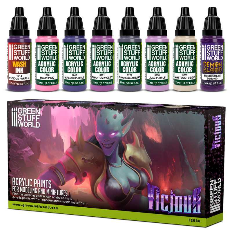 Vicious Paint Set by Green Stuff World. A set of 8 acrylic paints with an opaque and smooth matt finish, this set includes wash ink and effect paint. Made using the new Green Stuff World Maxx Formula and are provided in dropper bottles for easier flow control. 