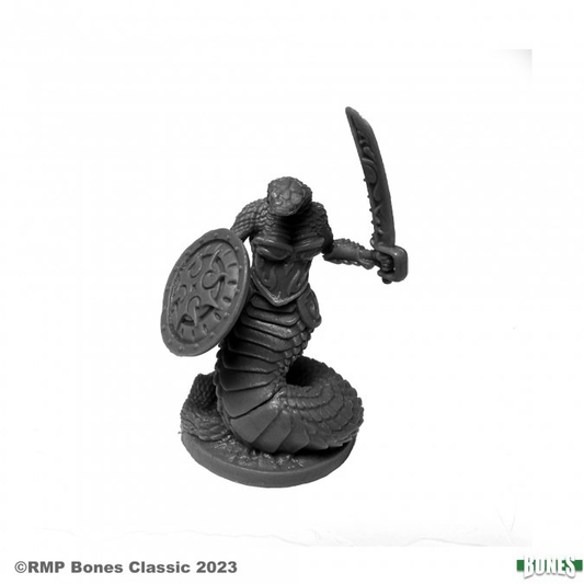 77694 Nagendra Shieldmaiden from Reaper Miniatures Dark Heaven Legends Bones range sculpted by Chris Lewis. A classic female Nagendra wearing a corset and holding a sword and shield for your tabletop RPG and give your players a challenge.   