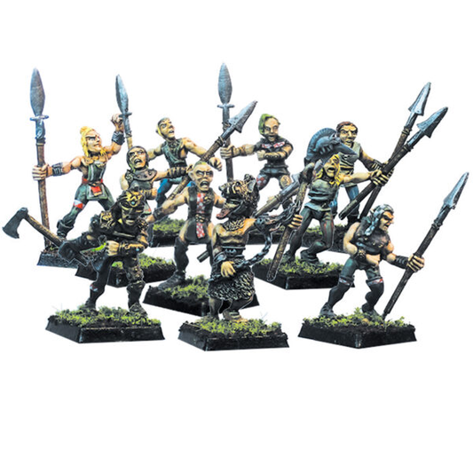 War Walker Warband by Oakbound Studio. A set of ten lead pewter miniatures of warriors with spears and axes, full of character your tabletop and RPGs.