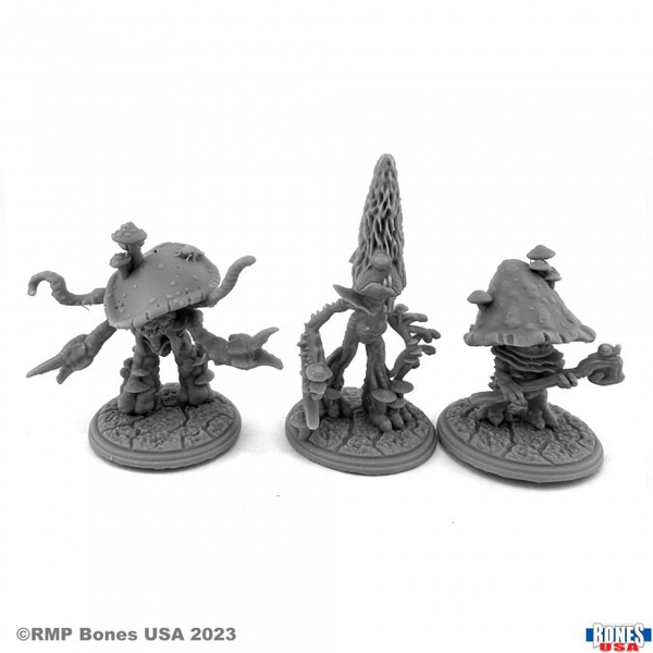 30165 Fungoids by Reaper Miniatures from their Bones USA range sculpted by Jason Wiebe for your tabletop gaming needs. A set of three gaming figures representing mushroom men in various poses for your RPGs and more