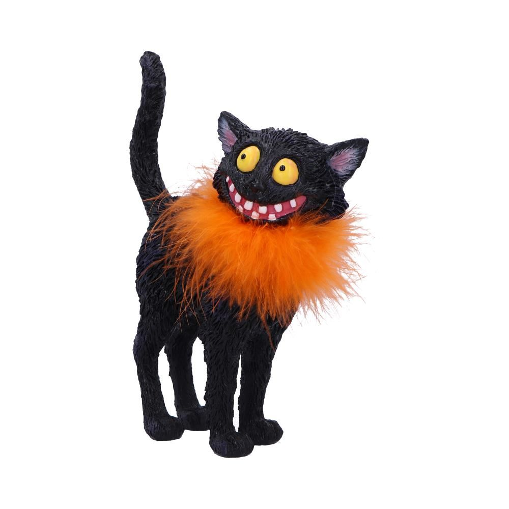 Furdinand a Black Cat With Orange Feather Boa by Nemesis Now. A cheeky black cat ornament with a wicked smile and awesome fashion sense. Bring a sense of joy and whimsy to your home decoration with this wonderful figurine of a black cat with its tail in the air, flecks of blue and purple in its fur and large yellow eyes.