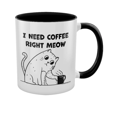 I Need Coffee Right Meow Black Inner Mug.  A white mug with black inner and handle featuring a cat pawing a mug and the words I Need Coffee Right Meow a great edition to your mug collection or as a gift for a cat loving friend.   