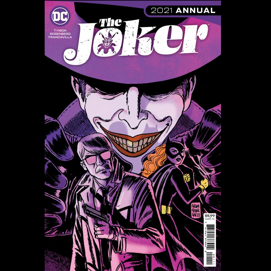 The Joker 2021 Annual #1 from DC comics written by James Tynion IV and Matthew Rosenberg with art by Francesco Francavilla. His first year of being GCPD police commissioner was an intense challenge for James Gordon. He battled corruption in the ranks, his marriage was in shambles, and the vigilante Batman was clearly welcoming new recruits with the appearance of Batgirl and The Joker picked his moment to unleash hell 