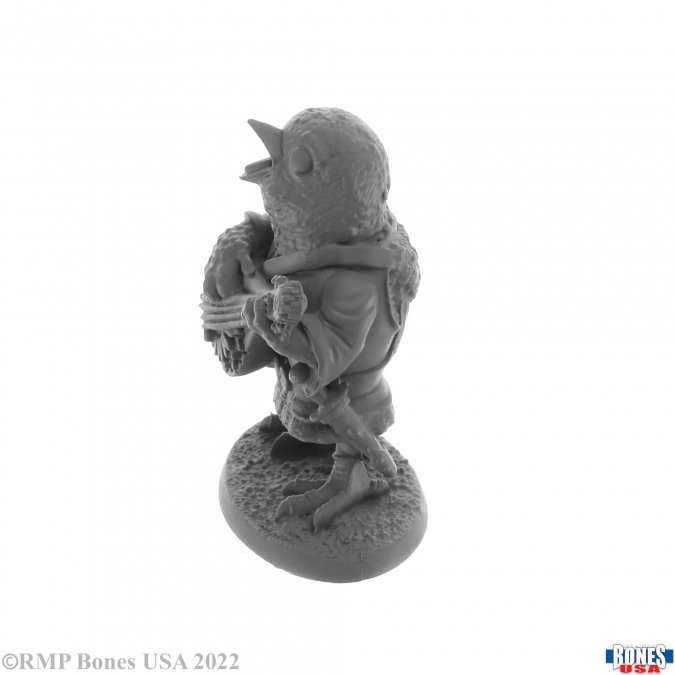 30167 Nightingale Bard from the Reaper bones USA legends range. A wonderful nightingale bird bard holding am instrument decorated with floral design wearing clothes and having its mouth open as if singing making a great NPC for your tabletop games and more. 