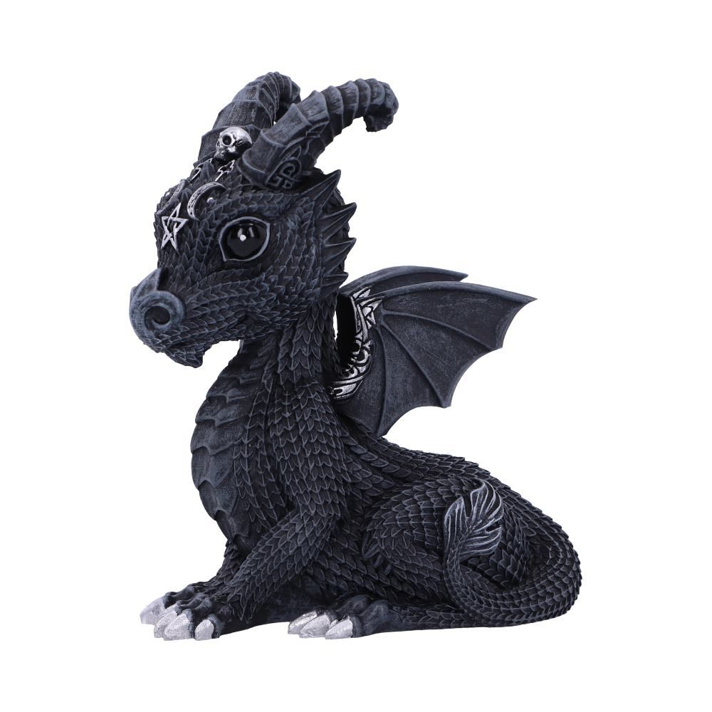 Lucifly from Nemesis Now an adorable black occult dragon figurine with scaly texture and silver crescent moon and pentagram detail making a wonderful edition to your collection or as a gift for a friend