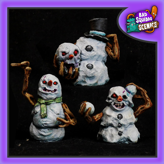 Bad Squiddo Games Zombie Snowmen.  A pack of three resin snowmen miniatures with an undead twist, one is using his own body to make snowballs to throw and another has removed his head