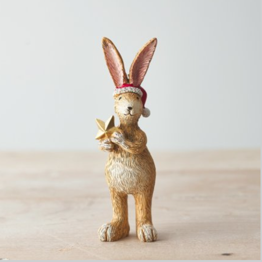 Standing Santa Rabbit With Star. An adorable bunny wearing a red Santa hat and holding a gold star 