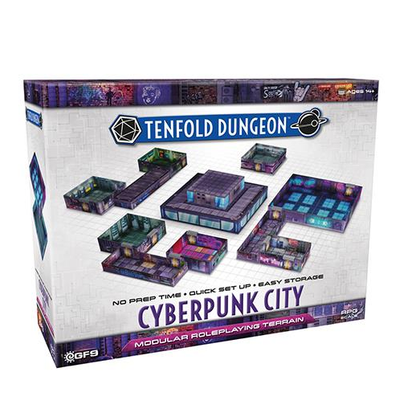 enfold Dungeon Cyberpunk City. A big box of modular tabletop terrain designed to represent a cyberpunk city with neon style signs and an air of poverty. Containing 12 illustrated rooms with 1"x1" grid discretely layered into the environment for your RPGs.