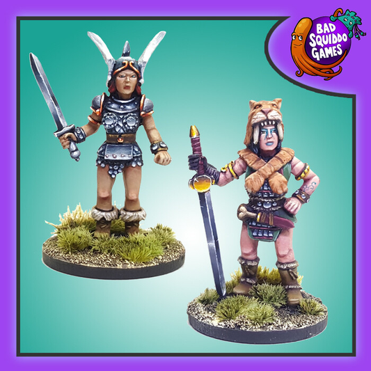 Classic Adventurers, a pack of two metal miniatures by Bad Squiddo Games sculpted by Shane Hoyle. Two female warriors for your tabletop games, RPGs and hobby needs, one holding a large sword downwards and the other with a sword held up and both sporting elaborate headdresses