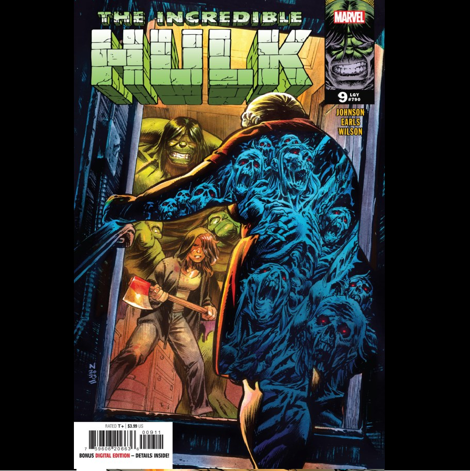 The Incredible Hulk #9 from Marvel Comics written by Phillip K Johnson with art by Danny Earls. Hulk is in a supernatural town haunted by a serial killer…but she is no mere mortal killer, and Hulk will need the help of a supernatural detective in order to track her down!