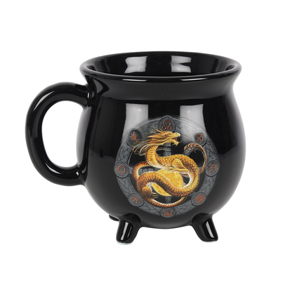 Litha Colour Changing Cauldron Mug By Anne Stokes. This black cauldron mug features Litha the symbol of the Summer Solstice 