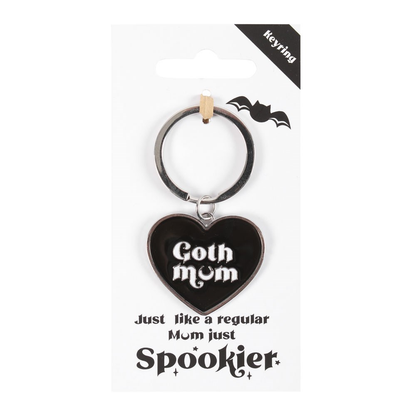 Goth Mum Keyring, a black heart with the words Goth Mum in white on a silver keyring making a wonderful edition to your keys or as a gift for a gothic mummy. 