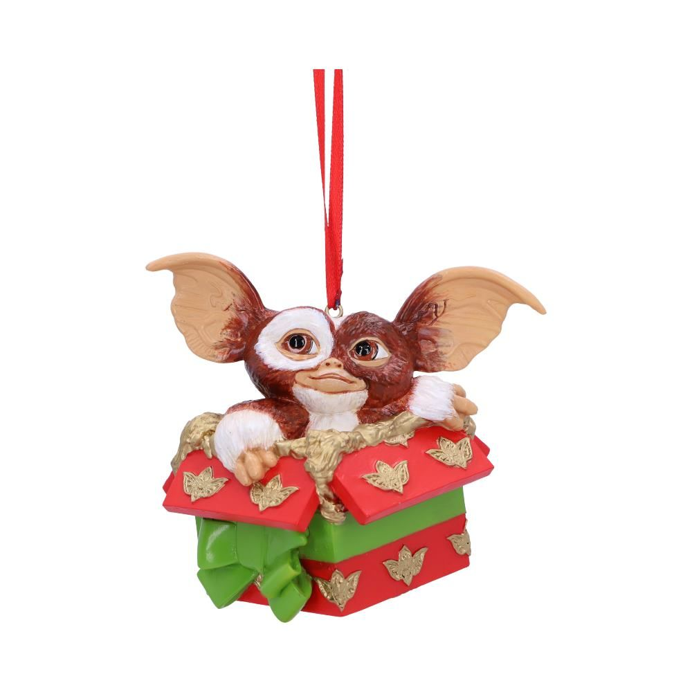 Gremlins Gizmo Gift  Hanging Ornament - Gizmo popping out of a red box with a green bow- Nemesis Now Christmas decoration 