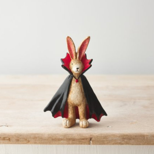 Vampire Rabbit. A wonderfully characterful bunny wearing a black and red vampire cloak