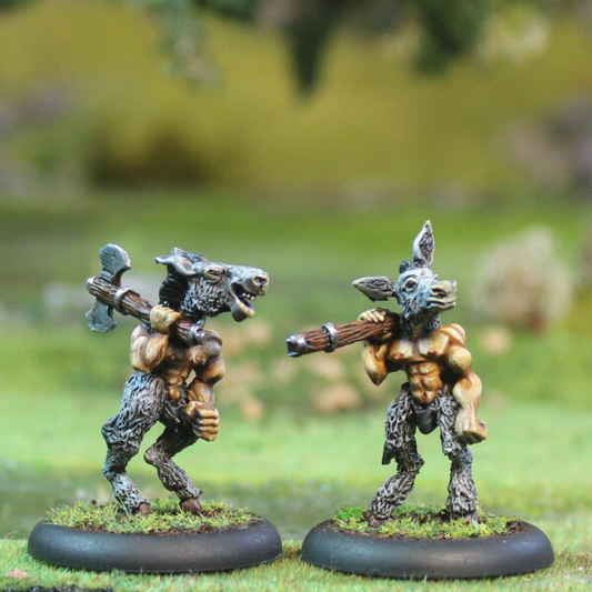 Hobyahs 1 by Oakbound Studio. A pack of two lead pewter miniatures representing donky headed servants with human torsos and donkey holding axes over their shoulders, great for your tabletop and RPGs. 