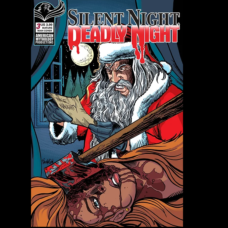 Silent Night Deadly Night #3 from American Mythology Productions by S A Check and James Kuhoric with art by Puis Calzada and with cover art A. Parker and Prudence are on a race against time to find the recently escaped psycho Santa, who's checking off his own personal naughty list one victim at a time 