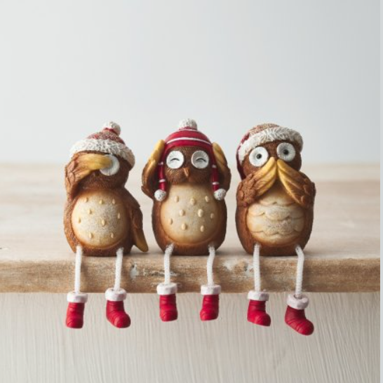 Natural Nordic Hear No Evil, See No Evil, Speak No Evil Sitting Christmas Owls With Dangling Legs. An adorable set of three sitting owls wearing festive hats