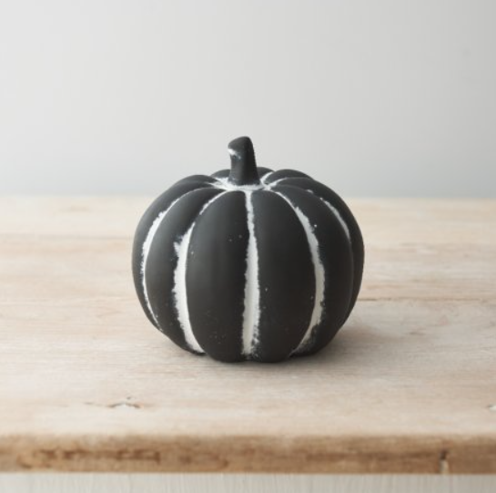 Black Cement Pumpkin 12cm.A wonderfully different black cement pumpkin with white line detail, a heavy ornament for with a rustic style and imperfection design. 