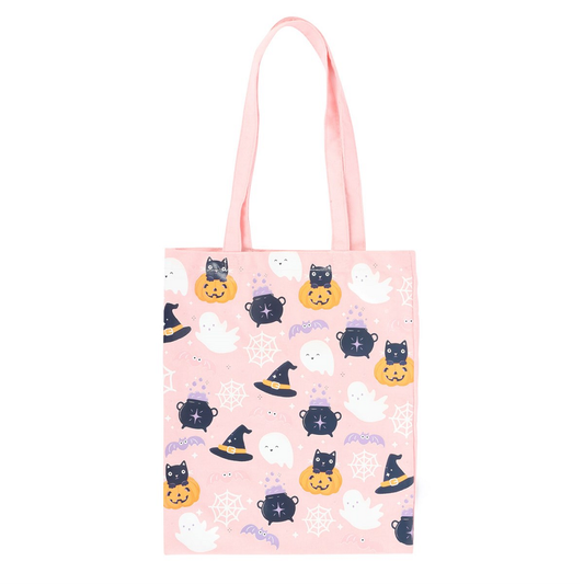 &nbsp;Cute Halloween Print Tote Bag featuring cute ghosts, bats, pumpkins and cats print against a pink background. This polycotton canvas tote bag is perfect for carrying all your essentials and adding some fun, spooky, pastel gothic vibes to your wardrobe