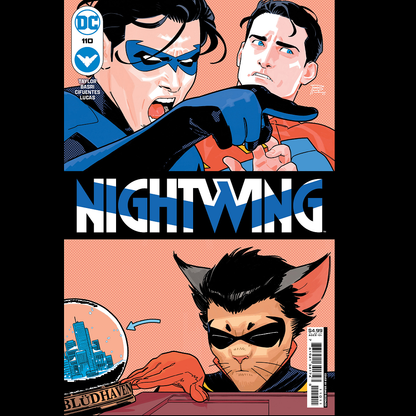 Nightwing #110 from DC comics written by Tom Taylor with art by Sami Basri and cover art variant A. Heroes have become threats, and one of the biggests threats now stalks the streets of Bludhaven. Where once there was a Robin, now there is a cat 