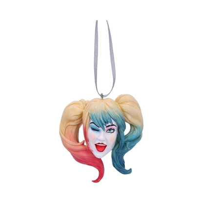 Harley Quinn Hanging Ornament from Nemesis Now. Harley Quinns face with classic blonde hair with red and blue bottom dip 