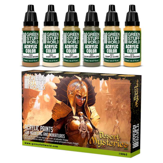 Desert Mysteries Paint Set by Green Stuff World. A set of 6 acrylic paints with an opaque and smooth matt finish to help you achieve a desert look for your miniatures. Made using the new Green Stuff World Maxx Formula