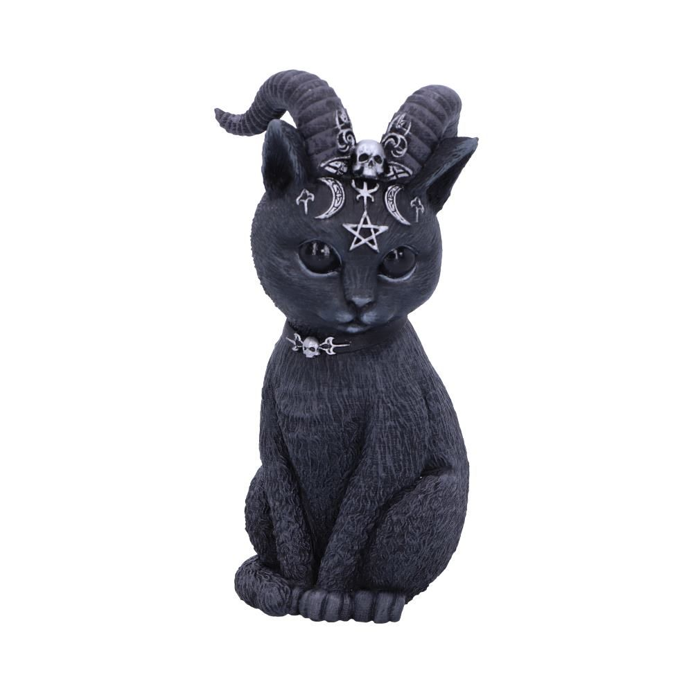 Pawzuph polyresin figurine from Nemesis Now an adorable sitting horned black cat with silver crescent moon, skull and pentagram decoration. Hand painted and cast in resin this cute occult cat will be a wonderful edition to your home or as a gift for a friend.