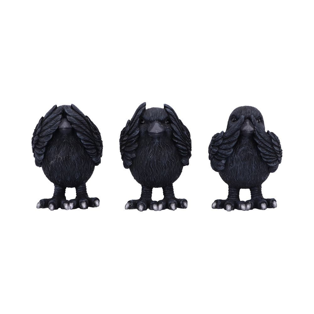 Three Wise Ravens Figurines from Nemesis Now a set of three black ravens depicting the classic See No Evil, Hear No Evil and Speak No Evil poses sculpted individually so you can stand them in any order you like.