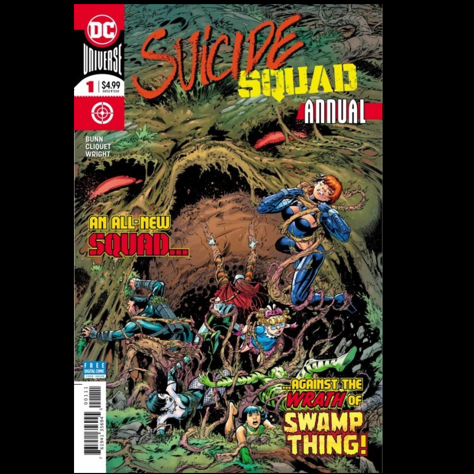 Suicide Squad Annual #1 from DC written by Cullen Bunn with art by Ronan Cliquet. Thrown together to apprehend an escaped inmate, Solomon Grundy, Rag Doll and Merlyn head into the muck surrounding Belle Reve, but no one is prepared for a meeting with the Swamp Thing. Bodies decay quickly in the bayous of Louisiana, and the avatar of the Green doesn’t care if the Squad makes it out alive. 