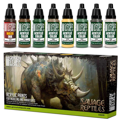 Savage Reptiles Paint Set by Green Stuff World. A set of 8 acrylic paints with an opaque and smooth matt finish. Made using the new Green Stuff World Maxx Formula